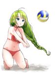  1girl beach_volleyball bikini blue_eyes braid commentary_request full_body green_hair kantai_collection long_hair mole mole_under_mouth motion_blur playing_games red_bikini simple_background solo someno_haru swimsuit very_long_hair volleyball white_background yuugumo_(kantai_collection) 