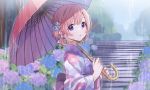  amaki_okome amaki_okome_channel braids chiri_(ch!) flowers japanese_clothes kimono pink_hair purple_eyes rain short_hair stairs umbrella water 