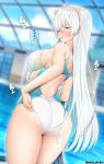  1girl anastasia_(fate/grand_order) annoyed ass back bangs bare_shoulders blue_eyes blue_swimsuit blurry blurry_background blush breasts competition_swimsuit fate/grand_order fate_(series) hair_over_one_eye hairband highleg highleg_swimsuit highres hot large_breasts long_hair looking_at_viewer looking_back one-piece_swimsuit open_mouth pool silver_hair solo speech_bubble swimsuit thighs towel translation_request two-tone_swimsuit unadon very_long_hair wet white_swimsuit 