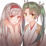  2girls brown_eyes dark_green_hair green_eyes hairband hands_on_own_face japanese_clothes kantai_collection kasumi_(skchkko) long_hair looking_at_viewer multiple_girls red_hairband shoukaku_(kantai_collection) silver_hair simple_background tasuki twintails upper_body white_background zuikaku_(kantai_collection) 