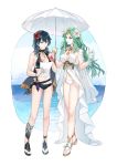  2girls bikini black_bikini blue_eyes blue_hair breasts byleth_(fire_emblem) byleth_(fire_emblem)_(female) cleavage cup drinking drinking_straw fire_emblem fire_emblem:_three_houses fire_emblem_heroes flower glass green_eyes green_hair hair_flower hair_ornament high_heels highres holding holding_cup holding_umbrella jnsghsi long_hair multiple_girls open_mouth rhea_(fire_emblem) swimsuit umbrella 
