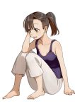  1girl asymmetrical_bangs bangs barefoot blue_tank_top brown_eyes brown_hair collarbone from_side highres kawai_makoto knees_up original pants ponytail sitting solo tank_top white_background 