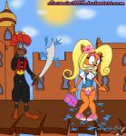  absurd_res accessory activision anthro bandicoot blonde_hair bottomwear breasts clothed clothing coco_bandicoot crash_bandicoot_(series) duo embarrassed female flower flower_in_hair footwear green_eyes hair hair_accessory hi_res holding_object holding_sword holding_weapon human humiliation long_hair male mammal marsupial melee_weapon panties pants plant ponytail shoes starpaint0011 sword torn_bottomwear torn_clothing torn_pants underwear video_games weapon 