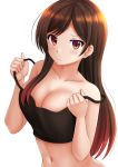  1girl bangs black_camisole blush breasts brown_eyes brown_hair camisole cleavage closed_mouth collarbone commentary crop_top eyebrows_visible_through_hair hands_up highres kanojo_okarishimasu kazenokaze long_hair looking_at_viewer medium_breasts mizuhara_chizuru navel simple_background solo strap_slip swept_bangs symbol_commentary upper_body v-shaped_eyebrows very_long_hair white_background 