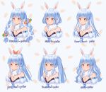  1girl :3 alternate_hair_length alternate_hairstyle animal_ears bangs banned_artist bare_shoulders blue_hair bow braid breasts bunny_ears carrot_hair_ornament chart commentary detached_sleeves english_commentary extra_ears food_themed_hair_ornament hair_bow hair_down hair_ornament hair_ribbon highres hololive llicornia long_hair medium_breasts multicolored_hair orange_eyes ponytail red_ribbon ribbon short_hair simple_background smile twin_braids twintails two-tone_hair usada_pekora virtual_youtuber wavy_hair white_bow white_hair 