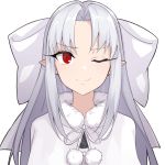  1girl ;) absurdres apo_(apos2721) bow capelet eyebrows_visible_through_hair fur-trimmed_capelet fur_trim hair_bow hair_intakes highres long_hair looking_at_viewer melty_blood neck_ribbon one_eye_closed pointy_ears red_eyes ribbon silver_hair simple_background slit_pupils smile solo tsukihime upper_body white_background white_bow white_capelet white_len white_ribbon 