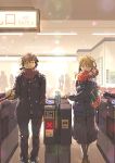  1boy 1girl bag black_coat black_pants black_skirt brown_hair coat fare_gate hand_in_pocket handbag original pants red_scarf scarf scenery school_uniform skirt snowing supe_(yuusyasupepen) train_station 