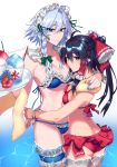  2girls ass bikini blue_bikini blue_eyes bow breasts drinking_straw fingernails flower food frilled_bikini frills hair_bow hair_tubes hakurei_reimu hibiscus highres himajinsan0401 hug ice_cream izayoi_sakuya maid_headdress multiple_girls partially_submerged red_bikini shaved_ice short_hair silver_hair simple_background small_breasts smile swimsuit touhou towel tray water 