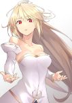  1girl absurdres apo_(apos2721) arcueid_brunestud bangs blonde_hair breasts cleavage collarbone detached_sleeves eyebrows_visible_through_hair floating_hair hair_between_eyes highres long_hair long_sleeves looking_at_viewer medium_breasts open_mouth red_eyes shiny shiny_hair simple_background slit_pupils solo standing strapless tsukihime upper_body very_long_hair white_background white_sleeves 