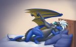  anthro anvil_position bed bioluminescence dragon duo female furniture glowing half-closed_eyes hi_res hug intertwined_tails legs_up looking_pleasured lying male male/female male_on_top narrowed_eyes on_back on_bed on_top open_mouth pillow sex testowepiwko tongue tongue_out triti vaginal 