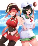  2girls arano_oki arm_up armpits beach belt black_hair black_legwear blonde_hair blue_sky breasts brooch cloud commentary_request cowboy_shot cravat crossover day dress gloves gradient_hair green_eyes green_sailor_collar hat heterochromia highres hishaku hololive horizon houshou_marine impossible_clothes impossible_dress jewelry large_breasts leotard_under_clothes locked_arms looking_at_viewer midriff_peek multicolored_hair multiple_girls murasa_minamitsu neckerchief ocean one_side_up open_mouth outdoors pink_hair pirate_hat puffy_short_sleeves puffy_sleeves red_dress red_eyes red_neckwear sailor_collar sailor_hat shirt short_dress short_hair short_sleeves shorts sky sleeveless sleeveless_dress sparkle standing thighhighs touhou upper_teeth virtual_youtuber water_drop white_gloves white_shirt white_shorts yellow_eyes 