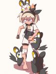  1girl :&lt; barefoot black_bodysuit black_hairband blonde_hair blush bodysuit bodysuit_under_clothes clenched_hands collared_shirt commentary_request covered_navel emolga eyelashes feet gen_5_pokemon gloves gym_leader hair_between_eyes hairband highres knee_pads kurachi_mizuki looking_down on_head pokemon pokemon_(creature) pokemon_(game) pokemon_on_head pokemon_on_leg pokemon_swsh print_shirt print_shorts purple_eyes saitou_(pokemon) shirt short_hair short_sleeves shorts single_glove standing tied_shirt toes v-shaped_eyebrows 