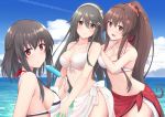  3girls akahi242 bikini black_hair blush breasts brown_eyes brown_hair cleavage cloud collarbone day eyebrows_visible_through_hair flower food hair_between_eyes hair_flower hair_ornament hairband hairclip haruna_(kantai_collection) holding holding_food kantai_collection large_breasts long_hair multiple_girls navel ocean pink_flower ponytail popsicle red_eyes red_sarong sarong short_hair smile swimsuit water white_bikini white_hairband white_sarong yamashiro_(kantai_collection) yamato_(kantai_collection) yellow_eyes 