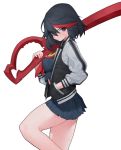  1girl absurdres black_hair black_jacket blue_eyes blush closed_mouth eyebrows_visible_through_hair eyes_visible_through_hair hand_in_pocket highres holding holding_sword holding_weapon jacket kill_la_kill matoi_ryuuko multicolored multicolored_hair over_shoulder rabbit_(wlsdnjs950) red_hair red_neckwear senketsu short_hair simple_background skirt solo sweat sword sword_over_shoulder weapon weapon_over_shoulder white_background zipper zipper_pull_tab 