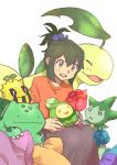  1girl absurdres artist_name bangs bayleef blush budew bulbasaur commentary_request ditto eyebrows_visible_through_hair gen_1_pokemon gen_2_pokemon gen_3_pokemon gen_4_pokemon green_eyes green_hair highres holding holding_pokemon looking_down notani_manjuu oddish open_mouth orange_sweater pokemon pokemon_(creature) roselia short_hair sidelocks sunkern sweater teeth tongue transform_(pokemon) upper_teeth white_background 