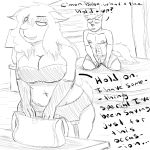  1:1 anthro bedroom boss_lamb_(hladilnik) bovid boxers_(clothing) bra caprine clothed clothing dialogue duo english_text felid feline female garter_belt garter_straps hi_res lingerie male mammal monochrome savagelyrandom sheep sketch text topless underwear 