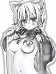  1girl :p animal_ears bad_id bad_twitter_id bangs blush body_writing breasts cat_ears crossed_bangs hair_between_eyes headphones headphones_around_neck highres holding jacket large_breasts long_sleeves looking_at_viewer nanashi_(nlo74593630) nipples open_clothes open_jacket smile solo sparkle tongue tongue_out tsumugine_rei upper_body white_background zero_project 
