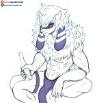  2018 anthro black_body black_fur blue_eyes bottle bovid capcom caprine claws clothed clothing fan_character fur goat hi_res holding_object horn male mammal monster_hunter multicolored_body multicolored_fur muscular muscular_anthro muscular_male partially_clothed patreon simple_background sitting solo text tumblr two_tone_body two_tone_fur url video_games vipery-07 white_background white_body white_fur 