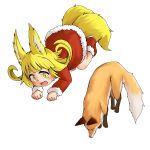  1girl :3 absurdres animal_ears bad_id bad_twitter_id blonde_hair boots doitsuken dress eyebrows_visible_through_hair fang fox fox_child_(doitsuken) fox_ears fox_tail fur-trimmed_dress fur_trim highres jumping multiple_tails original paw_pose red_dress red_footwear simple_background smile solo tail thick_eyebrows two_tails white_background yellow_eyes 