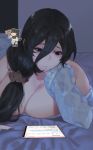  1girl bangs bare_shoulders bed_sheet black_hair blue_sweater breasts cleavage closed_mouth dark_room hair_between_eyes hair_over_shoulder large_breasts long_hair low_tied_hair lying mimyo off_shoulder on_stomach original ribbed_sweater scrunchie sweater tablet_pc 