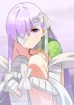  1girl bandage_over_one_eye bandaged_arm bandaged_head bandaged_leg bandages bangs bare_shoulders blush breasts closed_mouth fate/extra fate/extra_ccc fate_(series) highres kingprotea knees_up long_hair looking_at_viewer moss naked_bandage purple_eyes purple_hair sitting small_breasts smile very_long_hair zenshin 