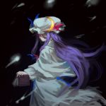  1girl black_background book closed_mouth crescent crescent_moon_pin dress from_behind glowing glowing_eyes hat holding holding_book inishie_kumo jitome looking_at_viewer looking_back patchouli_knowledge pillow_hat pink_eyes purple_hair solo standing touhou white_dress white_headwear 