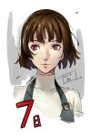  1girl 2016 bangs braid brown_hair closed_mouth cropped_torso crown_braid dated niijima_makoto number official_style persona persona_5 red_eyes shiny shiny_hair short_hair signature sketch solo sweater turtleneck turtleneck_sweater werkbau white_sweater 