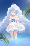  1girl blue_eyes blue_hair bow cloud dress hair_bow hair_over_one_eye hairband highres looking_at_viewer open_mouth outdoors re:zero_kara_hajimeru_isekai_seikatsu rem_(re:zero) shangguan_feiying short_hair skirt_hold sky solo wading water white_dress 