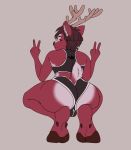  adidas anthro antlers big_butt butt cervid cervine clothed clothing crouching girly green_eyes hi_res hooves horn looking_at_viewer low-angle_view male mammal peace_sign_(disambiguation) presenting sketch skimpy solo stagshack 