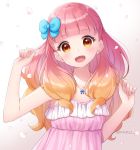  1girl :d aikatsu!_(series) aikatsu_friends! anz32 bangs bare_arms bare_shoulders blue_bow blush bow brown_background brown_eyes brown_hair commentary_request dress eyebrows_visible_through_hair gradient gradient_background gradient_hair hair_bow hands_up head_tilt multicolored_hair open_mouth petals pink_dress pink_hair sleeveless sleeveless_dress smile solo twitter_username upper_body white_background yuuki_aine 