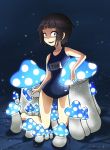  1girl black_eyes black_hair blue_background dokidoki_yandemic glowing_mushroom holding_mushroom kneeling looking_at_viewer mushroom school_swimsuit short_hair smile solo swimsuit zenzai_(zenzaio72) 