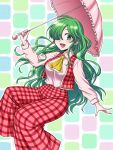  1girl ascot blush green_eyes green_hair hair_over_one_eye happy kazami_yuuka kazami_yuuka_(pc-98) long_hair long_sleeves mokku open_mouth pants parasol plaid plaid_pants plaid_vest red_pants simple_background solo touhou touhou_(pc-98) umbrella vest yellow_neckwear 