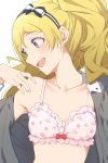  1girl bare_shoulders blonde_hair blouse blouse_removed blush bow bow_bra bow_hairband bra collarbone emily_stewart face floral_print frilled_bra frills grey_blouse hair_bow hair_up hairband hand_on_own_shoulder highres hiroki_(yyqw7151) idolmaster idolmaster_million_live! lying midriff pink_bra purple_eyes red_bow solo underwear 