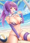  1girl bangs bare_shoulders beach blue_sky blush breasts cleavage collarbone eating fate/grand_order fate_(series) food hair_between_eyes hair_ribbon highres large_breasts long_hair looking_at_viewer navel open_mouth ponytail popsicle purple_hair purple_ribbon red_eyes ribbon scathach_(fate)_(all) scathach_skadi_(fate/grand_order) shore sitting sky thighs tiara volleyball zuizhong 
