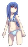  1girl bangs bare_arms bare_shoulders blue_bra blue_panties bow bow_bra bow_panties bra breasts closed_mouth collarbone commentary_request cropped_legs eyebrows_visible_through_hair hair_between_eyes hinanawi_tenshi long_hair looking_at_viewer navel nibi panties red_eyes simple_background small_breasts solo standing touhou underwear underwear_only very_long_hair white_background 