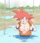  1girl blue_eyes breasts breasts_outside caisamax collarbone crossover dragon_ball genderswap genderswap_(mtf) highres large_breasts nipples open_clothes open_shirt orange_shirt partially_submerged ranma_1/2 red_hair shirt sleeveless sleeveless_shirt solo son_gokuu water 