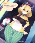  2020 animal_crossing anthro blonde_hair bottomwear breasts canid canine canis clothed clothing dialogue domestic_dog english_text female hair hair_dryer hi_res isabelle_(animal_crossing) looking_at_viewer mammal nintendo shih_tzu solo talking_to_viewer text topwear toy_dog tsampikos under_boob video_games 