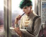  1boy alternate_costume carrying cdash817 earphones earrings green_eyes green_hair ground_vehicle hairband headband highres jewelry jojo_no_kimyou_na_bouken kishibe_rohan male_focus pen pompadour solo train train_interior 