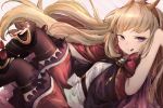  :p black_footwear black_legwear blonde_hair boots cagliostro_(granblue_fantasy) cape crown granblue_fantasy hairband highres kamogi long_hair looking_at_viewer purple_eyes red_skirt skirt thighhighs tiara tongue tongue_out 