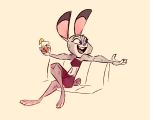  2020 5:4 anthro clothed clothing disney female fluttershythekind fully_clothed fur grey_body grey_fur holding_cup holding_object judy_hopps lagomorph leporid mammal midriff open_mouth open_smile rabbit simple_background sitting smile solo tan_background zootopia 