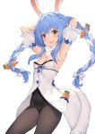  1girl :d animal_ear_fluff animal_ears armpits arms_up blue_hair blush braid breasts bunny_ears bunnysuit carrot_hair_ornament coat eyebrows_visible_through_hair food_themed_hair_ornament fur_scarf hair_ornament highres hololive long_hair looking_at_viewer multicolored_hair open_mouth pak_ce pantyhose scarf simple_background smile solo thick_eyebrows twin_braids two-tone_hair upper_teeth usada_pekora virtual_youtuber white_background white_coat white_hair 