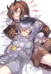 2girls black_hair blonde_hair brown_coat brown_hair buttons closed_eyes coat commentary_request eurasian_eagle_owl_(kemono_friends) eyebrows_visible_through_hair fur_collar gloves grey_hair hands_clasped highres kemono_friends multicolored_hair multiple_girls northern_white-faced_owl_(kemono_friends) own_hands_together pantyhose short_hair sleeping sleeping_on_person tadano_magu white_coat white_gloves white_hair white_legwear winter_clothes winter_coat yellow_gloves 