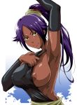  1girl absurdres arm_up armpits bleach breasts commentary commentary_request dark_skin detached_sleeves high_ponytail highres kimura_naoki long_hair looking_at_viewer nipples ponytail purple_hair shihouin_yoruichi solo toned yellow_eyes 