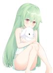  1girl :o absurdres bangs bare_arms bare_legs bare_shoulders barefoot blush brown_eyes camisole commentary_request eyebrows_visible_through_hair feet_out_of_frame green_camisole green_hair green_shorts hair_between_eyes hair_flaps highres knees_up long_hair looking_at_viewer object_hug original panties panties_under_shorts parted_lips pink_panties roido_(taniko-t-1218) short_shorts shorts simple_background sitting solo stuffed_animal stuffed_bunny stuffed_toy underwear very_long_hair white_background 