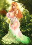  1girl absurdres areola_slip areolae bare_shoulders blonde_hair breasts circlet commentary_request dress forest gradient_dress green_dress green_eyes highres huge_breasts huge_filesize long_hair looking_at_viewer nature original pointy_ears see-through smile solo tahnya tree v_arms white_dress wide_hips 