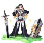  &gt;:( 1girl absurdres armor armored_boots blonde_hair boots collarbone commentary_request cross cross_necklace faulds garter_straps gauntlets grass hand_on_hip highres jewelry kiwoseo_meogneundas korean_commentary long_hair necklace nun original planted_sword planted_weapon shield solo sword thighhighs veil weapon white_background yellow_eyes 