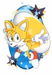  2020 anthro blue_eyes canid canine clothing flying footwear fox fur gloves handwear helicopter_tail hi_res male mammal mennnntaiko miles_prower open_mouth shoes simple_background solo sonic_the_hedgehog_(series) star white_background white_body white_fur yellow_body yellow_fur 
