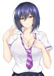  1girl bangs blue_hair breasts cleavage collarbone commentary_request diagonal-striped_neckwear diagonal_stripes eyebrows_visible_through_hair hair_between_eyes hand_up highres large_breasts looking_at_viewer necktie nijisanji parted_lips piro_(prwtrs) purple_neckwear shirt shizuka_rin short_hair short_sleeves simple_background solo striped striped_neckwear upper_body white_background white_shirt yellow_eyes 