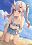  1girl athenawyrm beach breasts cleavage cloud hair_between_eyes hair_ribbon highres hololive horns kneeling long_hair looking_at_viewer nakiri_ayame oni_horns red_eyes ribbon sand silver_hair sky small_breasts solo swimsuit twintails virtual_youtuber 