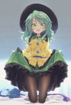  1girl bed_sheet black_legwear blush breasts green_eyes green_hair green_skirt hat highres indoors kneeling komeiji_koishi lifted_by_self long_hair long_sleeves looking_at_viewer open_mouth pantyhose satou_kibi shirt skirt skirt_lift small_breasts solo third_eye touhou wavy_hair wide_sleeves yellow_shirt 